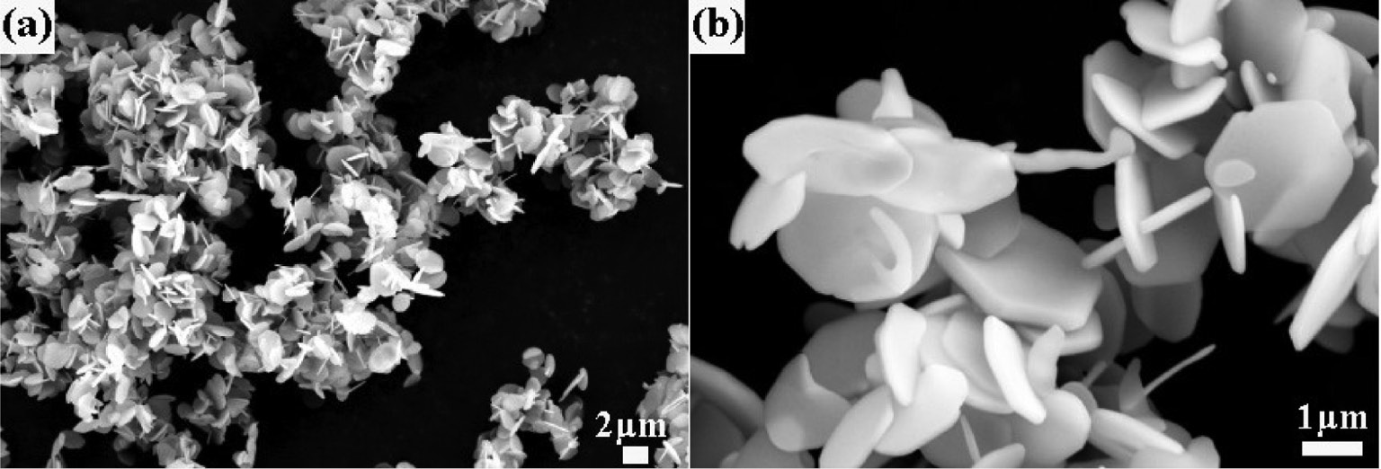 Fig. 8: SEM photographs of the α-Al2O3 sample obtained by the calcination of 9-h ball-milled Al(OH)3 containing NH4F and NH4Cl additives. Picture (b) is the magnification of the selected area in picture (a).
