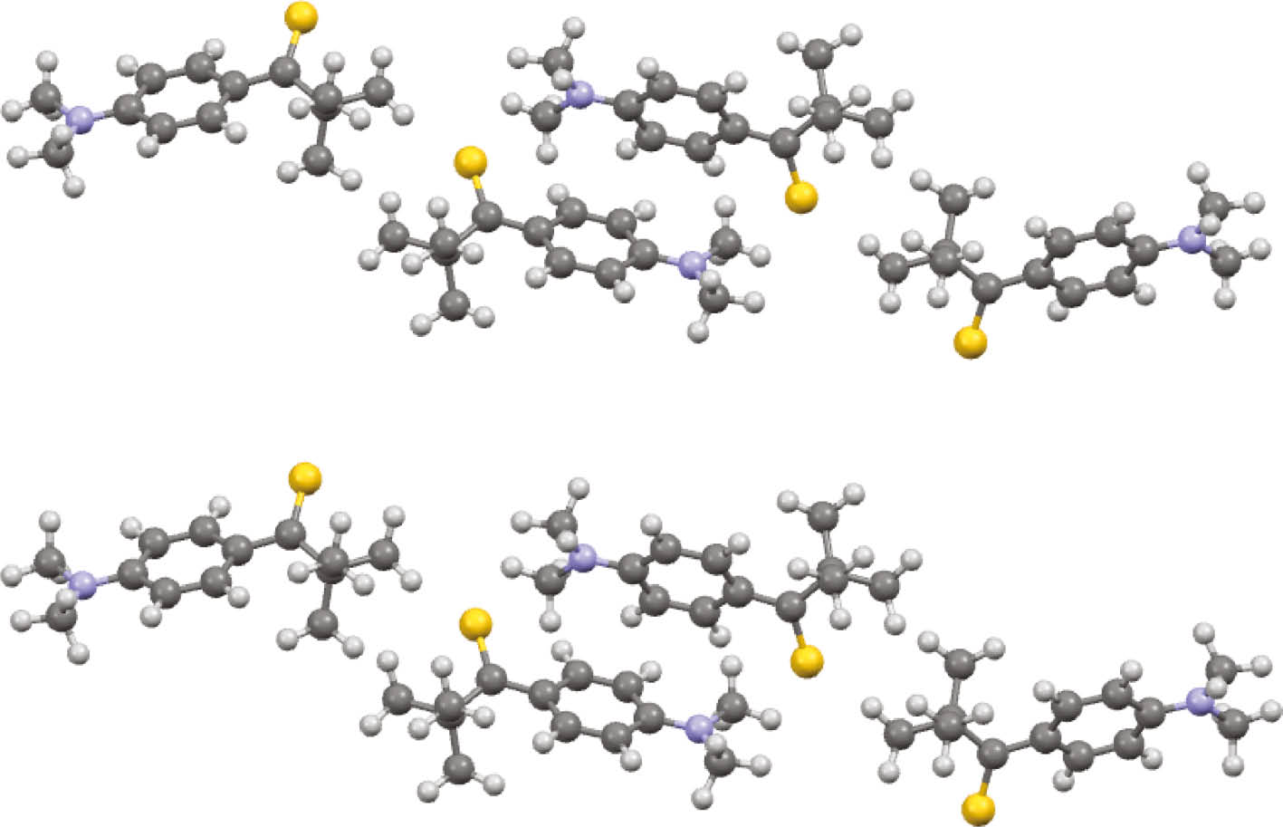 Fig. 2: Unit cell of 3, top: experimental (X-ray diffraction), bottom: theoretical (CP2K, QZV2P incl. D3BJ).