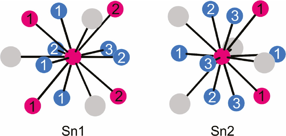 Fig. 4: Coordination of the two crystallographically independent tin sites (both with site symmetry .m.) in PrPt3Sn2. Praseodymium, platinum and tin atoms are drawn as medium grey, blue and magenta circles, respectively. The crystallographically independent platinum and tin sites are indicated.