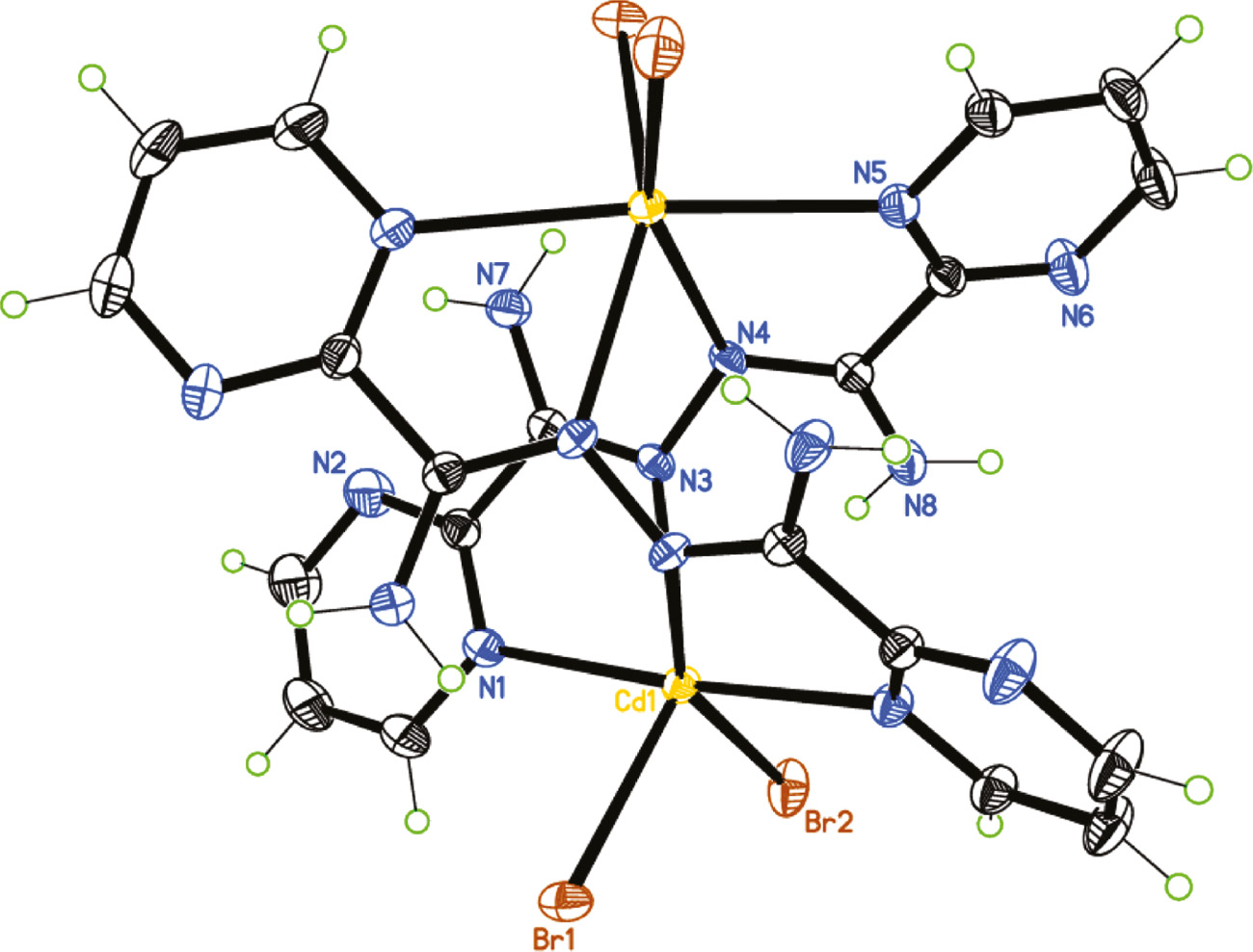 Fig. 1: Ortep-III diagram of the molecular structure of complex 1. The ellipsoids are drawn at the 50% probability level.