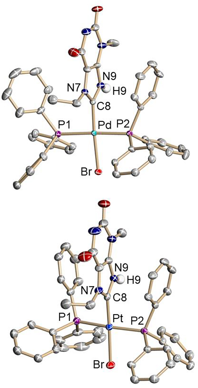 Figure 3: Molecular structures of one of the two independent complex cations trans-[4]+ (top) in trans-[4]BF4 and of trans-[5]+ (bottom) in trans-[5]BF4·Et2O. Hydrogen atoms except for H9 have been omitted for clarity and displacement ellipsoids are drawn at the 50% probability level. Selected bond lengths (Å) and angles (deg) of cation trans-[4]+ [trans-[5]+]: M–Br 2.4602(4) [2.4685(4)], M–P1 2.3627(9) [2.3233(9)], M–P2 2.3212(9) [2.3155(9)], M–C8 1.988(3) [1.982(3)], N7–C8 1.338(4) [1.340(5)], N9–C8 1.361(4) [1.352(4)]; Br–M–P1 89.56(2) [90.22(2)], Br–M–P2 88.08(2) [89.61(2)], Br–M–C8 176.48(10) [177.28(10)], P1–M–P2 177.46(3) [171.66(3)], P1–M–C8 93.91(10) [89.42(10)], P2–M–C8 88.46(10) [91.14(10)], N7–C8–N9 106.9(3) [107.2(3)].