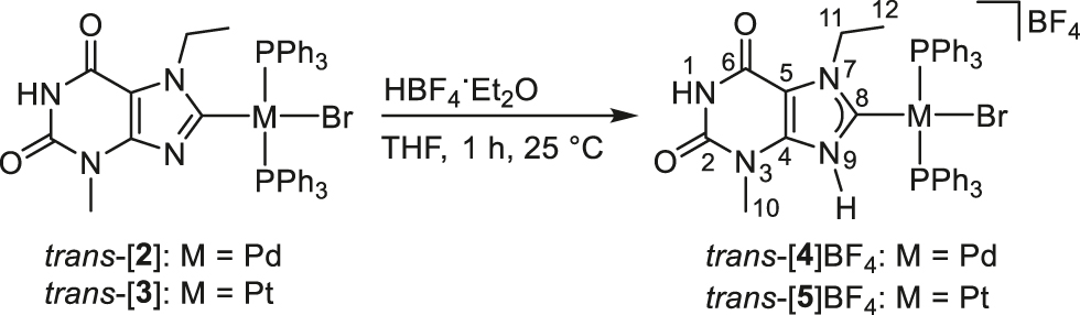 Scheme 3: Synthesis of the PdII and PtII complexes trans-[4]BF4 and trans-[5]BF4.