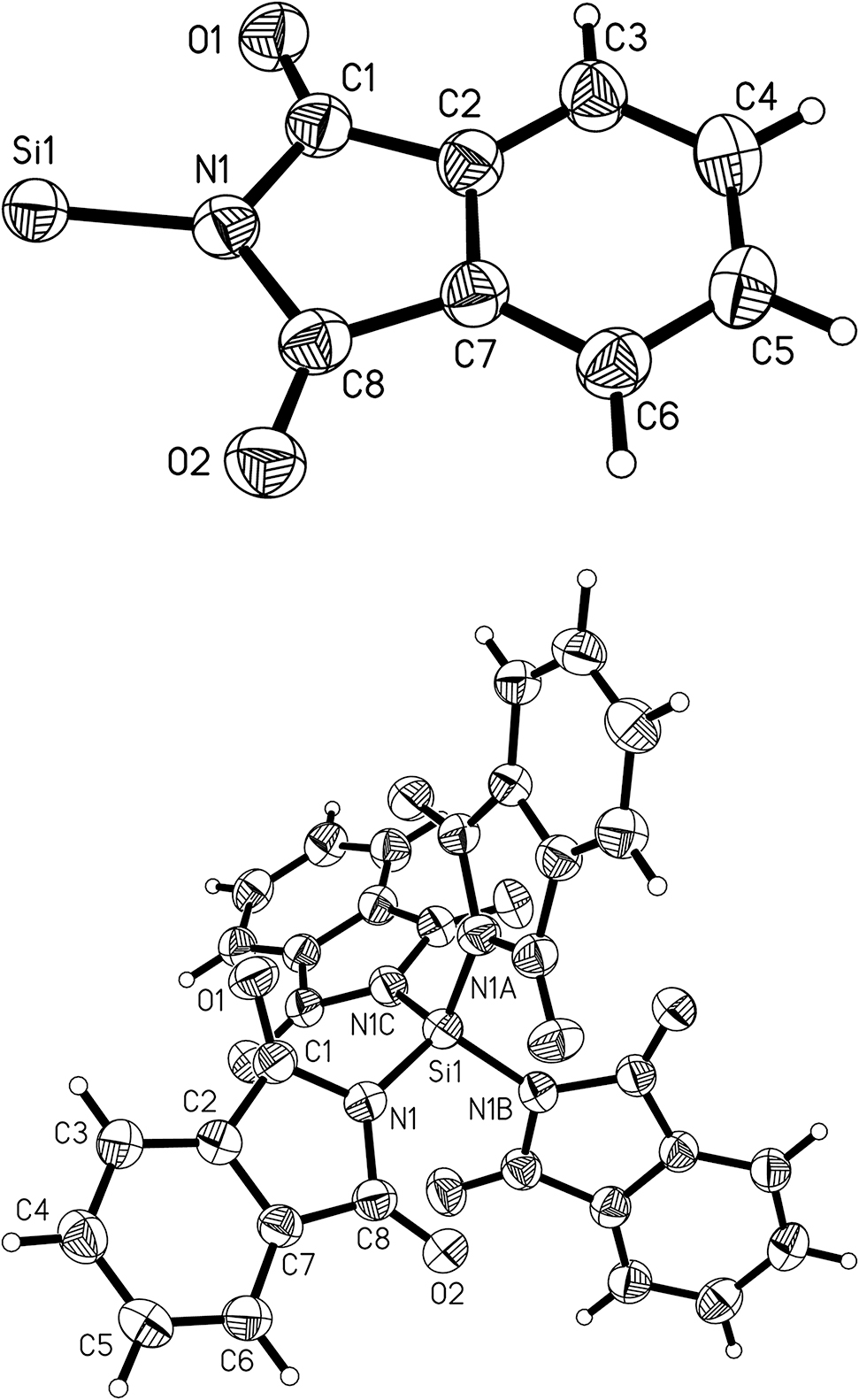 Figure 5: 
Asymmetric unit of compound 3 including the numbering scheme (top) and molecular structure of 3 (bottom). The displacement ellipsoids of non-hydrogen atoms are drawn at the 50% probability level.
