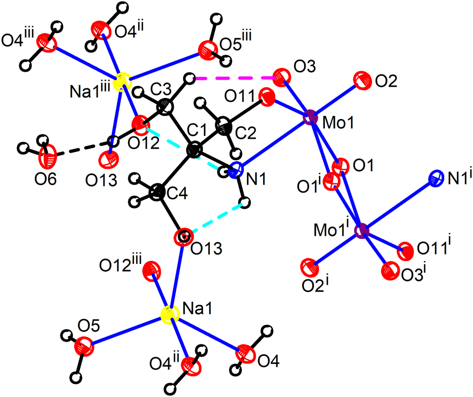 Figure 1: 
The asymmetric unit of 1 showing hexa- and penta-coordination around the Mo and Na atoms, respectively. Displacement ellipsoids are drawn at 50% probability level for the non-hydrogen atoms. Intramolecular hydrogen bonding is shown by broken lines. For symmetry code See Table 2 (For the structure of the isotypic compound 2 see Figure S1).