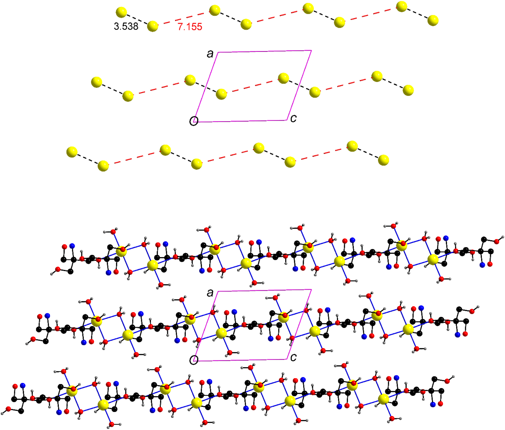 Figure 3: 
View of the zig-zag chains of the Na+ cations with alternating Na···Na separations in 1 (top); the same arrangement with terminal and bridging aqua ligands and –OH groups of L to show the full chains. For clarity the H atoms attached to C and N are not shown (bottom).