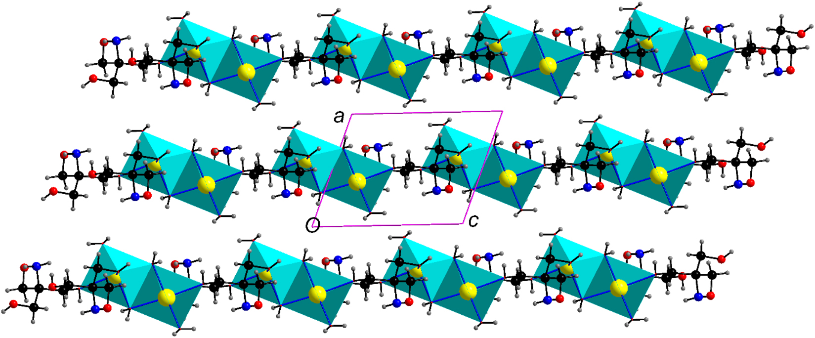 Figure 4: 
Parallel chains of Na+ ions showing alternating {Na2O8} polyhedra and bridging ligand anions L–.
