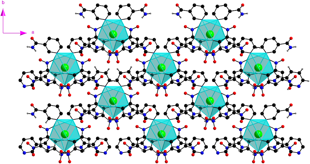 Figure 4: 
The discrete {BaO7N2} polyhedra in 1. For clarity, the H atoms of the aromatic ring are not shown.