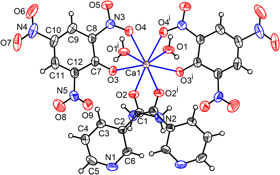 Figure 5: 
The crystal structure of 2 showing eight-fold coordination around the Ca atom. Displacement ellipsoids are drawn at 50% probability level for all the non-hydrogen atoms.
Symmetry code: (i) −x+1, y, −z+3/2. For the crystal structure of the isostructural 3 see Figure S2.