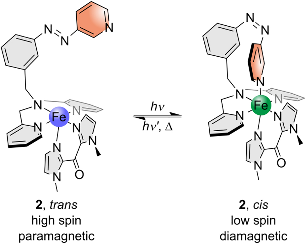 Scheme 4: 
Target complex 2 in its paramagnetic square-pyramidal trans isomer (left) and its diamagnetic octahedral cis isomer (right). By irradiation with different wavelengths switching between these two isomers should be possible.
