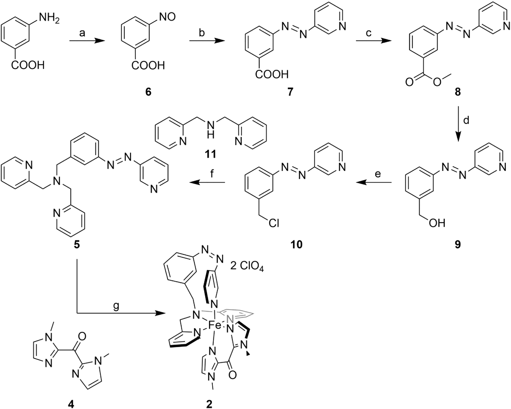 Scheme 6: 
Synthesis of complex 2: (a) Oxone, DCM/H2O, rt, 4.5 h; (b) 3-aminopyridine, TMAH, pyridine, 1. 120 °C, 4.5 h, 2. rt, 18 h; (c) H2SO4, MeOH, reflux, 18 h; (d) 1 M LAH solution in THF, 1. 0 °C, 2. rt, two days; (e) thionyl chloride, 90 °C, 20 h; (f) Cs2CO3, TBAI, MeCN, 1. 90 °C, 24 h, 2. rt, three days; (g) 1. iron(II) perchlorate hydrate, MeOH, rt, 20 h, 365 nm, 2. 4, rt, 20 h.