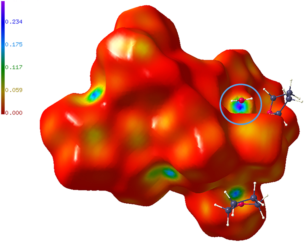 Figure 3: 
Hirshfeld surface of Group 1, site of the HB O(5W)–H(4W)⋅⋅⋅O(39W) encircled (representation with Moliso [19]).
