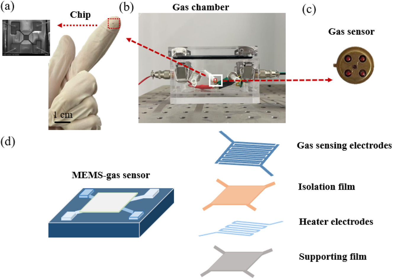 Figure 2: 
MEMS sensor with (a) the MEMS chip, (b) the air chamber, (c) the gas sensor device, and (d) internal structure of the chip.
