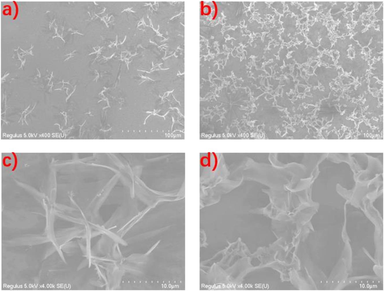 Figure 12:
SEM images of the mixtures of (a) l-1 + d-Lys, (b) and l-1 + l-Lys; magnified SEM images of the mixtures of (c) l-1 + d-Lys and (d) l-1 + l-Lys.