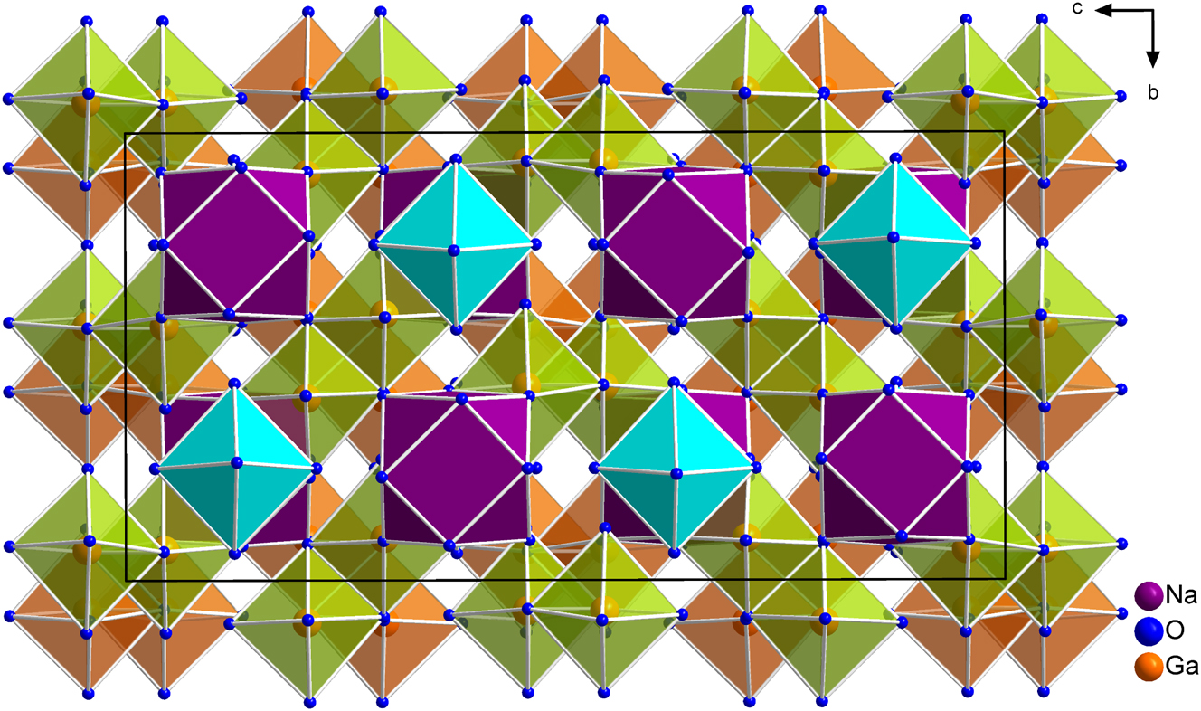 Figure 2: 
Visualization of the arrangement of [GaO6] octahedra (orange, green or cyan) and [NaO12] cuboctahedra (purple) in Ga5Na1–x
B12O26–x
(OH)
x
 (x = 0.12) in viewing direction [100]. To better distinguish the crystallographically identical [Ga2O10] units, they were colored orange and green.
