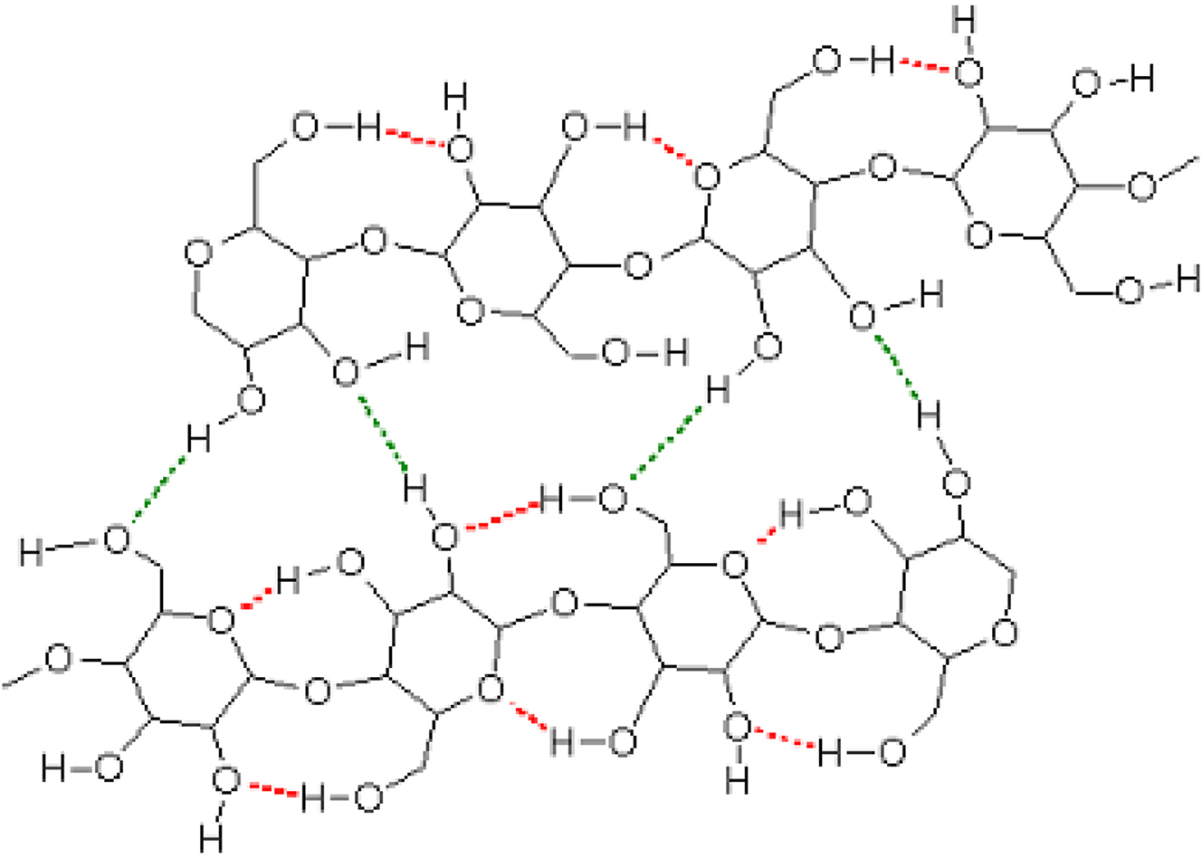 Figure 7: 
Hydrogen bonding pattern in and between two polysaccharide chains (projected onto a plane) prior to the treatment with an aqueous metal salt solution.
21
 Intramolecular hydrogen bonds are shown in red, intermolecular hydrogen bonds are shown in green. (Reproduced with written permission from ACS Publications).
