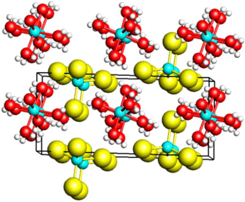 Figure 10: 
Crystal structure of the zinc chloride trihydrate ZnCl2·3(H2O) (turquoise: Zn; yellow: Cl; red: O).
8
 (Reproduced with written permission from ACS Publications).
