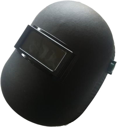 Figure 12b: 
Example of a welding helmet made of black molded Vulcanized Fibre (produced by Honeywell Safety Products Slovakia s.r.o. from material by Ernst Krüger GmbH & Co. KG.).
