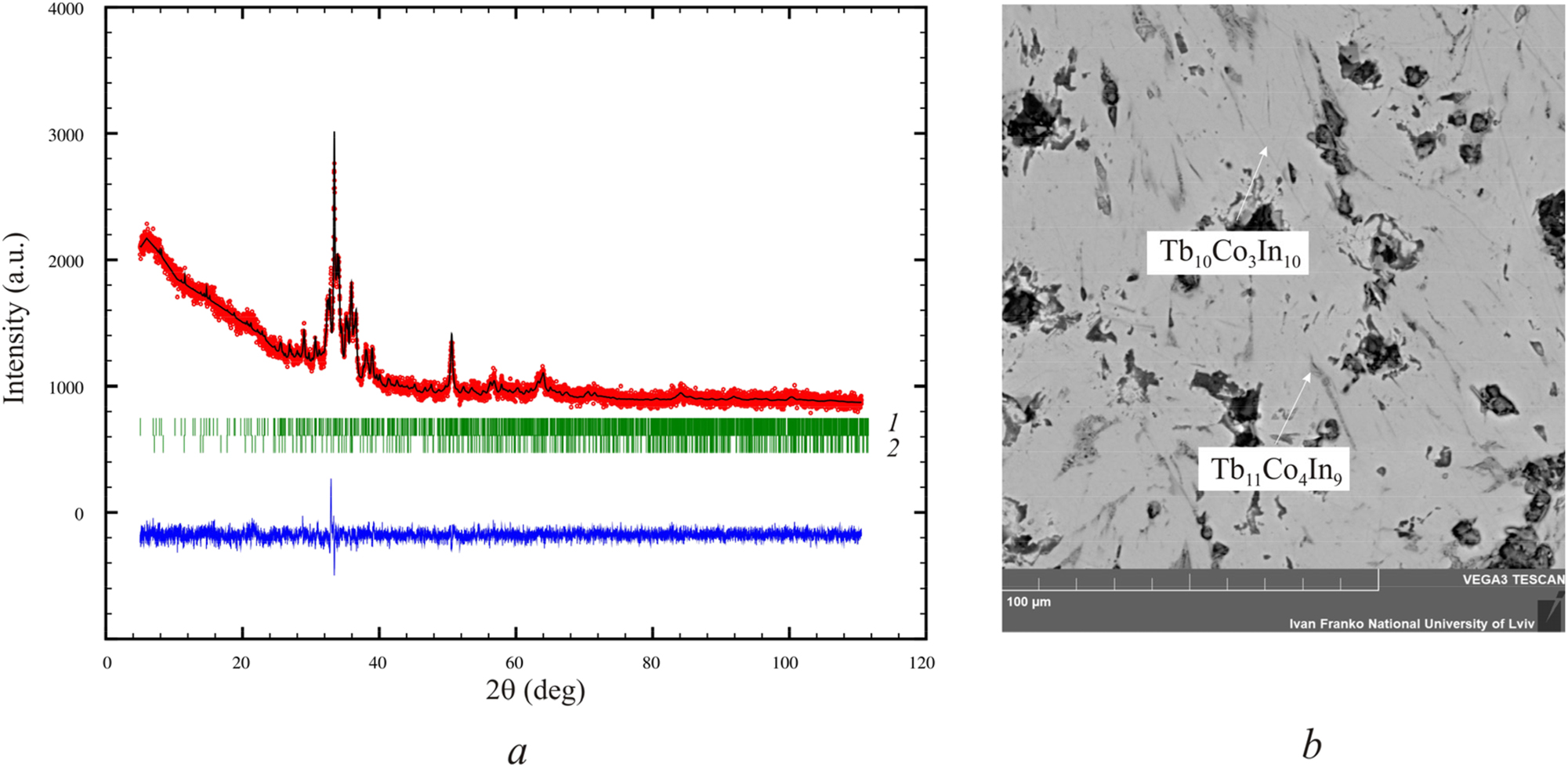 Figure 1: 
Powder X-ray diffraction pattern collected at room temperature (CuKα1 radiation) of the Tb43.5Co13In43.5 sample (a) with the constituent phases (from upper to lower bars): Tb10Co3In10 (own type, 94 wt%) and Tb11Co4In9 (Nd11Pd4In9 type, Cmmm, 6 wt%). Solid circles stand for the experimental data, lines show the result of Rietveld refinement, vertical bars mark the Bragg reflection positions of the phases, and the difference between the experimental data and the refinement is plotted at the bottom of the figure (blue line). SEM image of the Tb43.5Co13In43.5 sample (b) annealed at T = 870 K: (light grey phase – Tb10Co3In10; dark grey phase – Tb11Co4In9), and black holes between crystals.