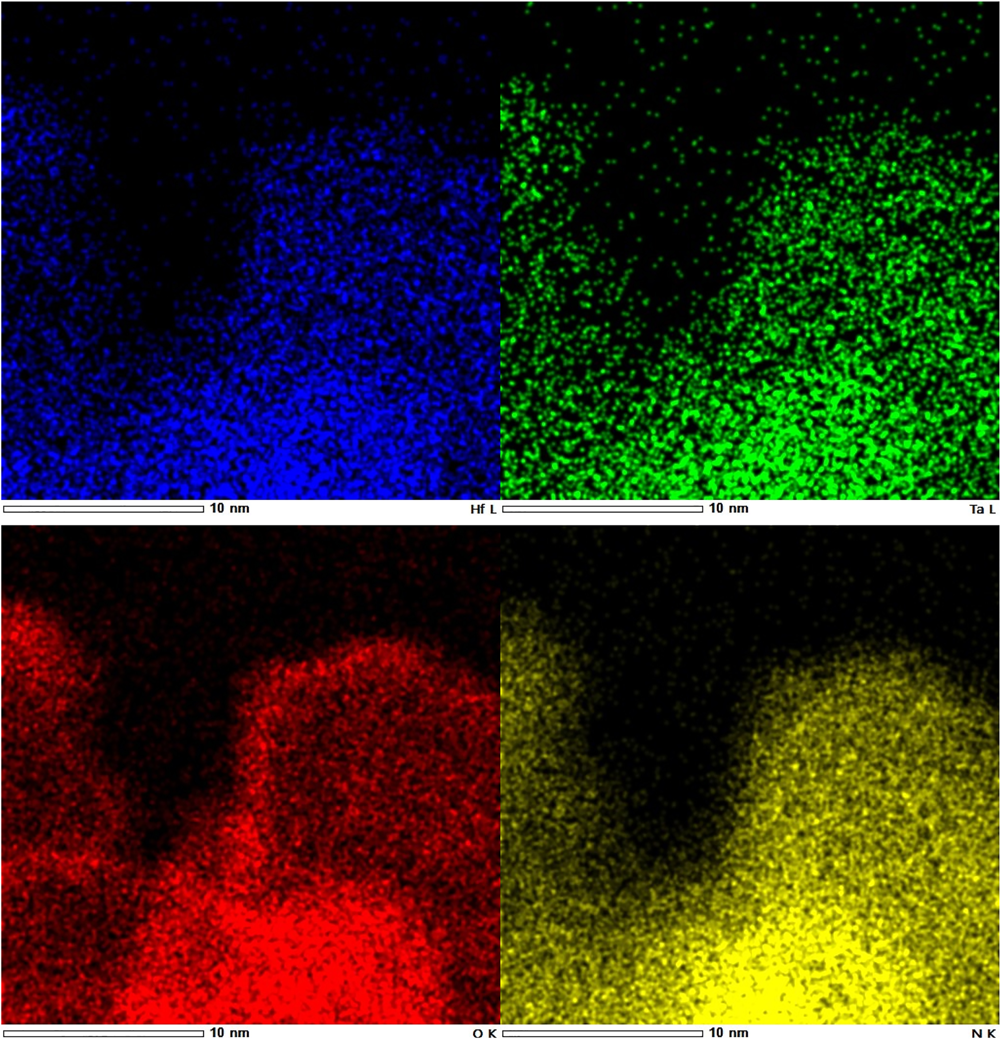 Figure 5: 
STEM-EDX mappings of a bixbyite-type phase (blue: hafnium, green: tantalum, red: oxygen, yellow: nitrogen).
