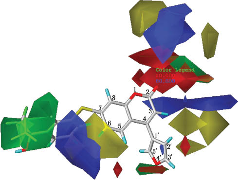 Figure 3: 7-{[5-fluoro-3-(1,1,1,3,3,3-hexafluoro-2-hydroxypropan-2-yl)phenyl]sulfanyl}-4-(furan-3-yl)-2H-chromen-2-one, the most potent inhibitor of 5-LOX in the training set, within the contour of the CoMFA model.Based on the steric contours, the green areas mean that more bulky groups near these areas are favorable to increasing binding and the yellow areas mean that less bulky groups near these areas are favorable to increasing binding. Based on the electrostatic contours, the blue areas mean that more positive charges near these areas are favorable to increasing binding and the red areas mean that more negative charges near these areas are favorable to increasing binding.