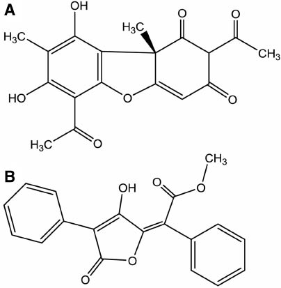 Figure 1: The chemical structures of (-)-usnic acid (A) and vulpinic acid (B).