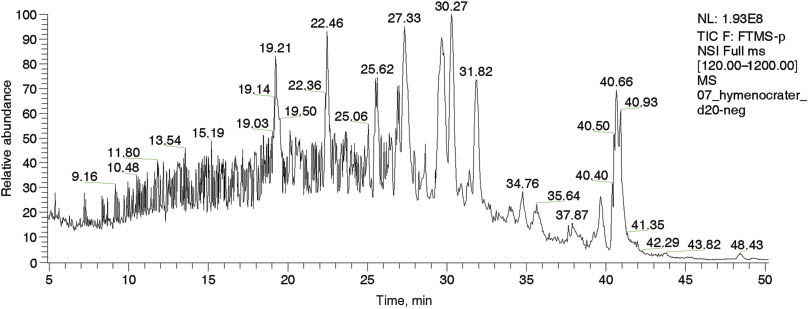 Figure 1: Total ion current chromatogram and retention times in negative ion mode obtained by the LTQ-Orbitrap XL analyzer for the H. longiflorus methanolic extract.