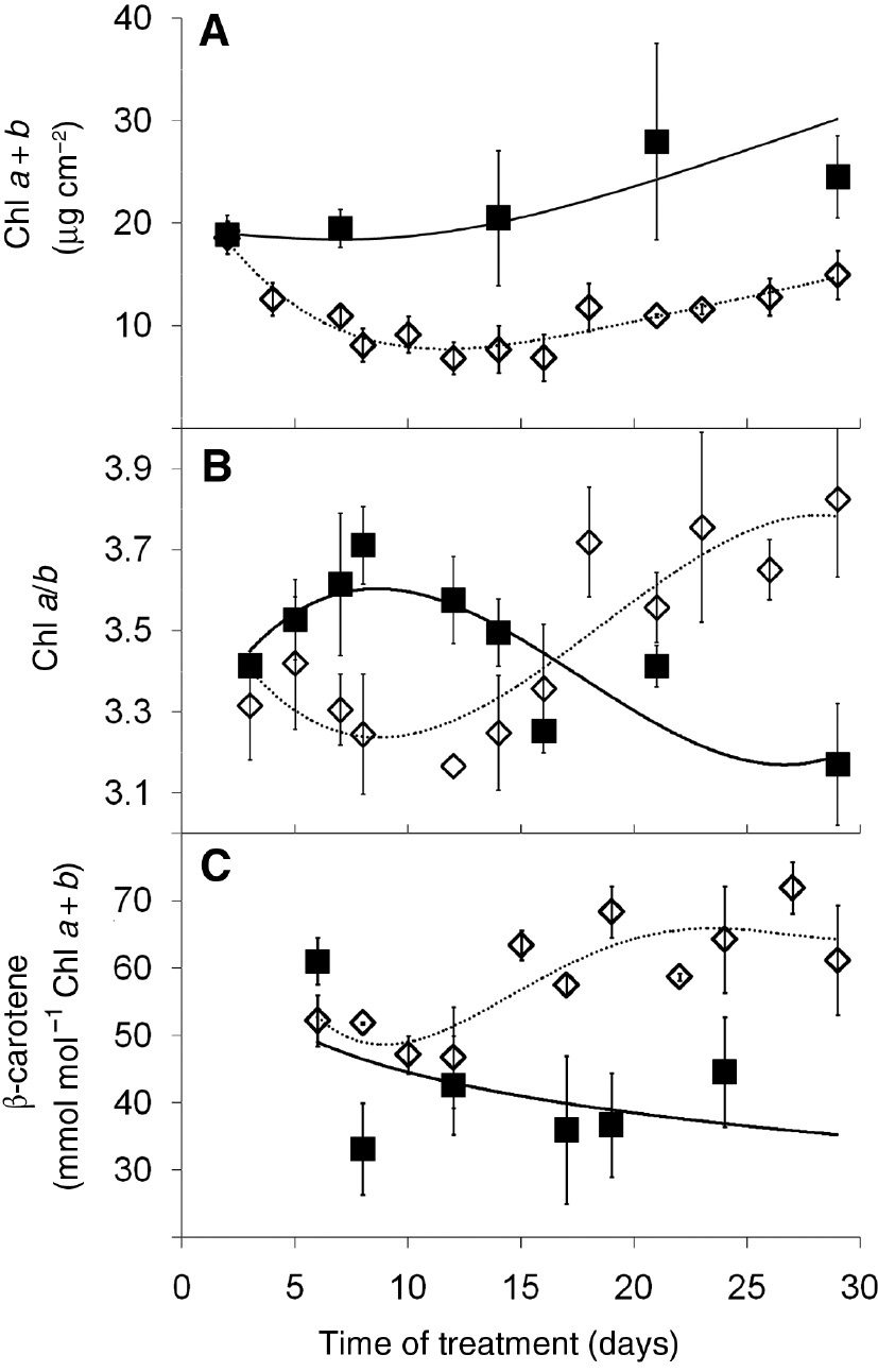 Figure 2: Changes in the pigment contents. Changes in the Chl a + b content (per leaf area) (A), Chl a/b ratio (B), and β-carotene content (per Chl a + b content; C) in Ctrl (filled marks) and Cad (open marks) leaves during the time of treatment. Error bars represent SD values, n = 8.