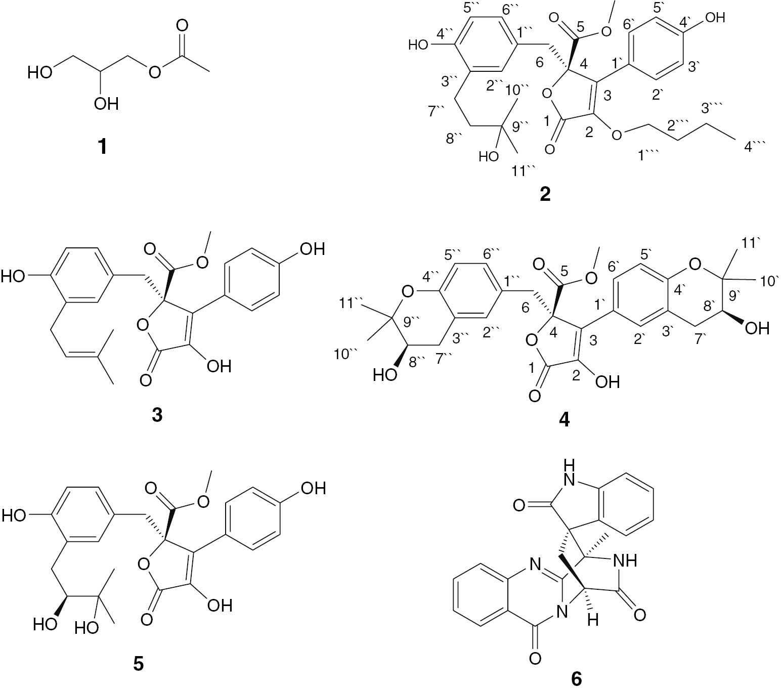 Figure 1: Structures of isolated compounds 1–6.