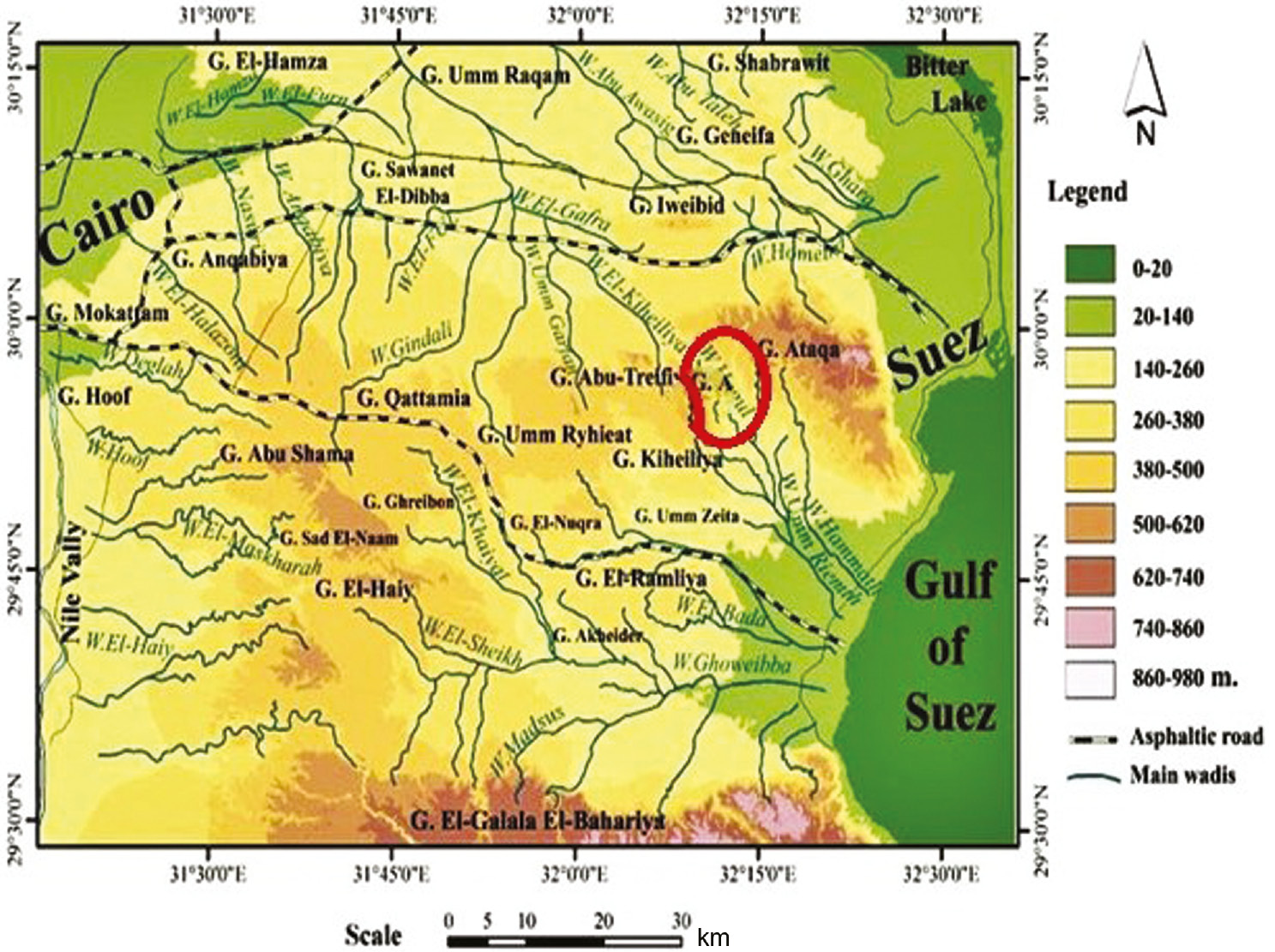Figure 1: Map of Cairo-Suez road showing the locations of the studied area of Wadi Hagul.