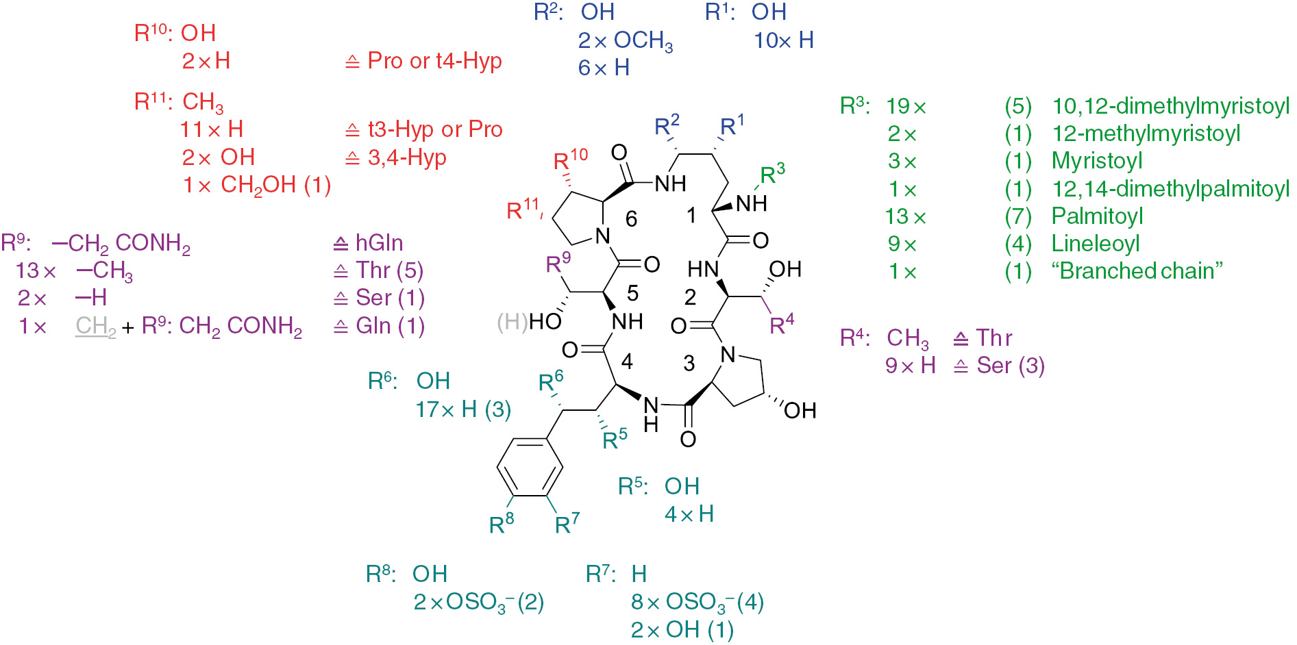 Figure 6: The structures of all characterized echinocandins isolated from wild-type fungi. The conserved echinocandin backbone is shown in black. The colored substituents R1–R11 are varied in at least one echinocandin structure. In the list of substituents at the amino acid side chains, the commonest group is given in bold. For each variation, the number of compounds in which the substituent has been found is given. The number in brackets indicates the number of main metabolites with the substituent. To take into account that some echinocandin structures, such as echinocandin B or pneumocandin A0, are more widespread in fungal species, each occurrence in a different wild-type species was counted as an individual hit (e.g. pneumocandin A0 was counted three times, because it has been found in G. lozoyensis, Cryptosporiopsis sp., and Pezicula sp.) [25].