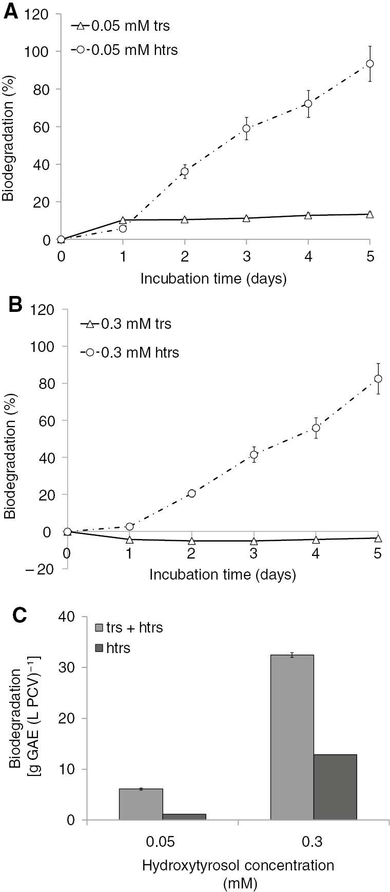 Figure 4: Biodegradation of simultaneously supplied trs and htrs at various concentrations in autotrophic S. obliquus cultures. (A) Kinetics of trs and htrs biodegradation (expressed as a percentage) for the lower concentration of 0.05 mM of each phenolic compound. (B) Kinetics of trs and htrs biodegradation (expressed as a percentage) for the higher concentration of 0.3 mM of each phenolic compound. (C) Comparison of htrs biodegradation among trs presence or trs absence from the culture medium in the fifth incubation day expressed as grams of GAE per PCV.