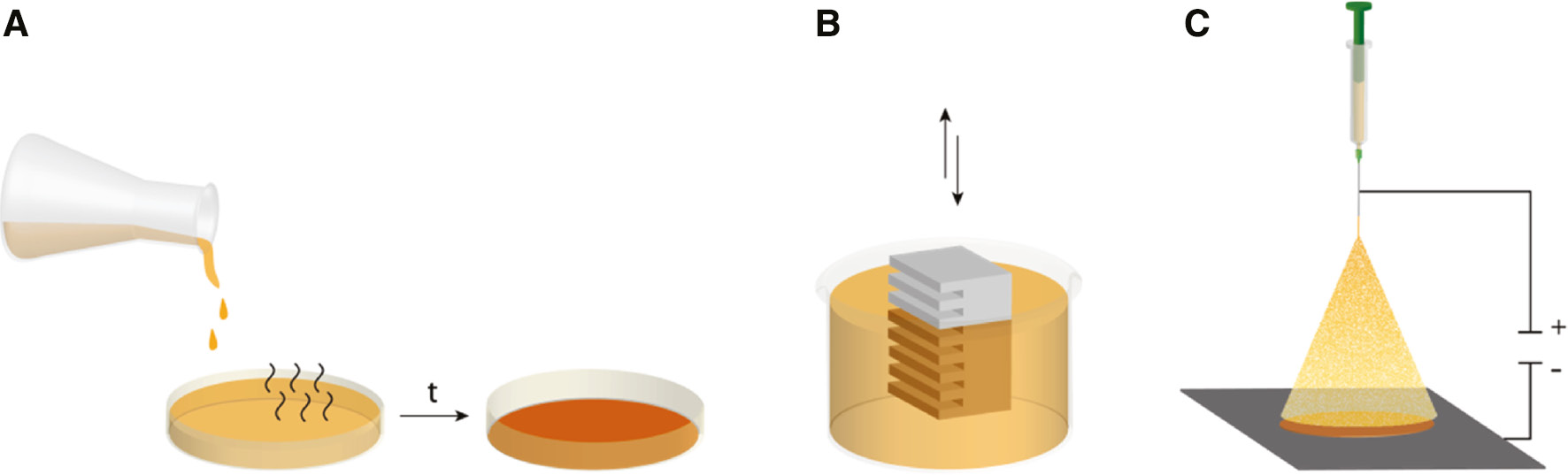 Figure 6: Illustration of different methods of film preparation.(A) Film casting. (B) Dip coating. (C) Electrospraying.