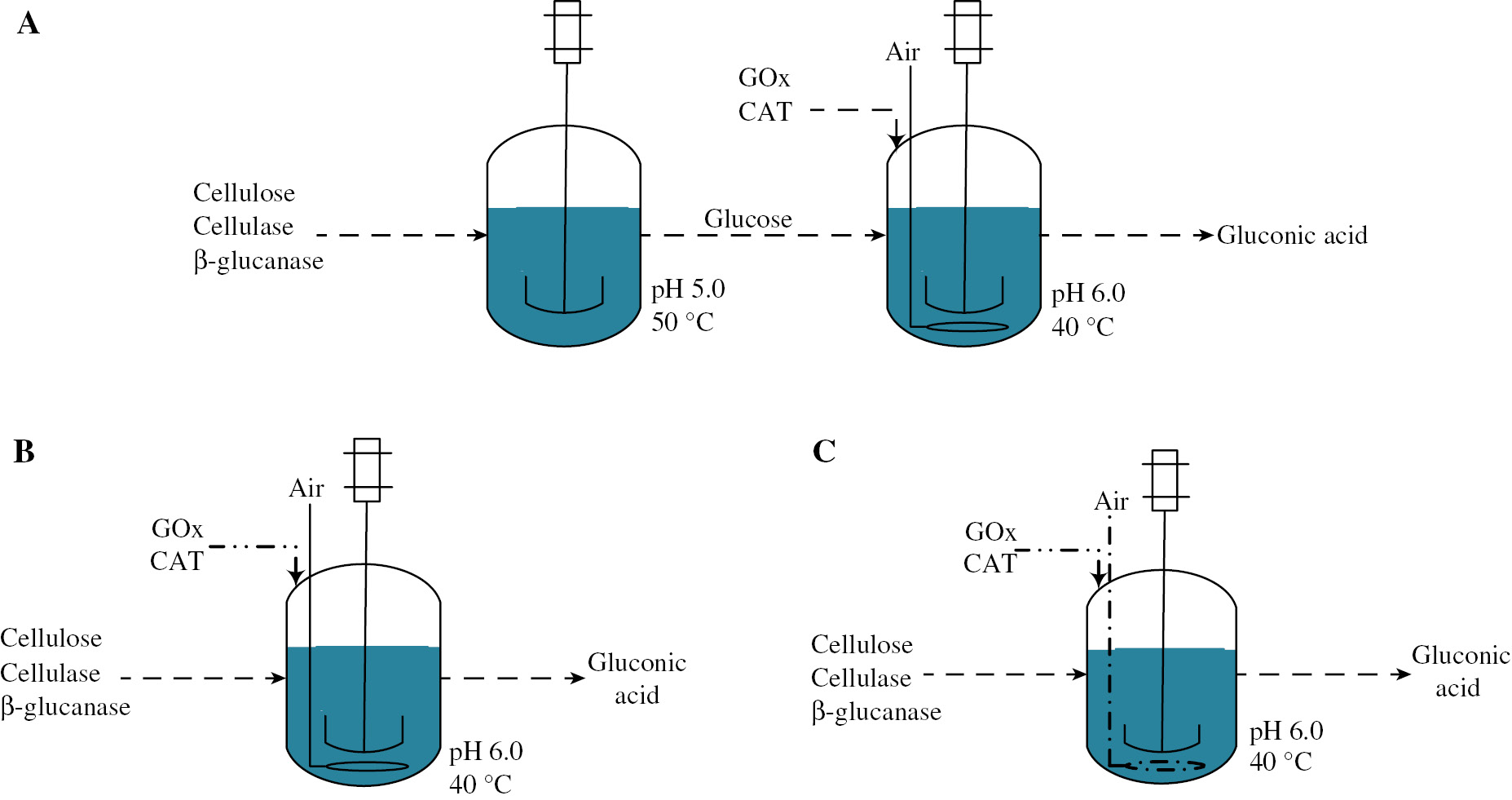 Figure 2: Enzymatic cascade processes for production of gluconic acid. Material added/removed at the beginning/end of the reaction. Material added in the beginning or in the course of the reaction. (A) represents a two-module process, while (B) and (C) represent single-module alternatives.