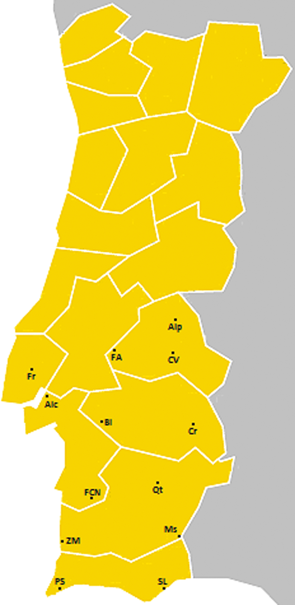 Mapa 2: Pontos de inquérito utilizados em Brissos (2014) e no presente estudo. Legenda: Alp = (inquérito de) Alpalhão. FA = Foros do Arrão. CV = Cabeço de Vide. Fr = Freixial. Alc = Alcochete. FCN = Foros da Casa Nova. Bl = Baldios. Cr = Carrapatelo. Qt = Quintos. Ms = Mesquita. ZM = Zambujeira do Mar. PS = Praia da Salema. SL = Santa Luzia.