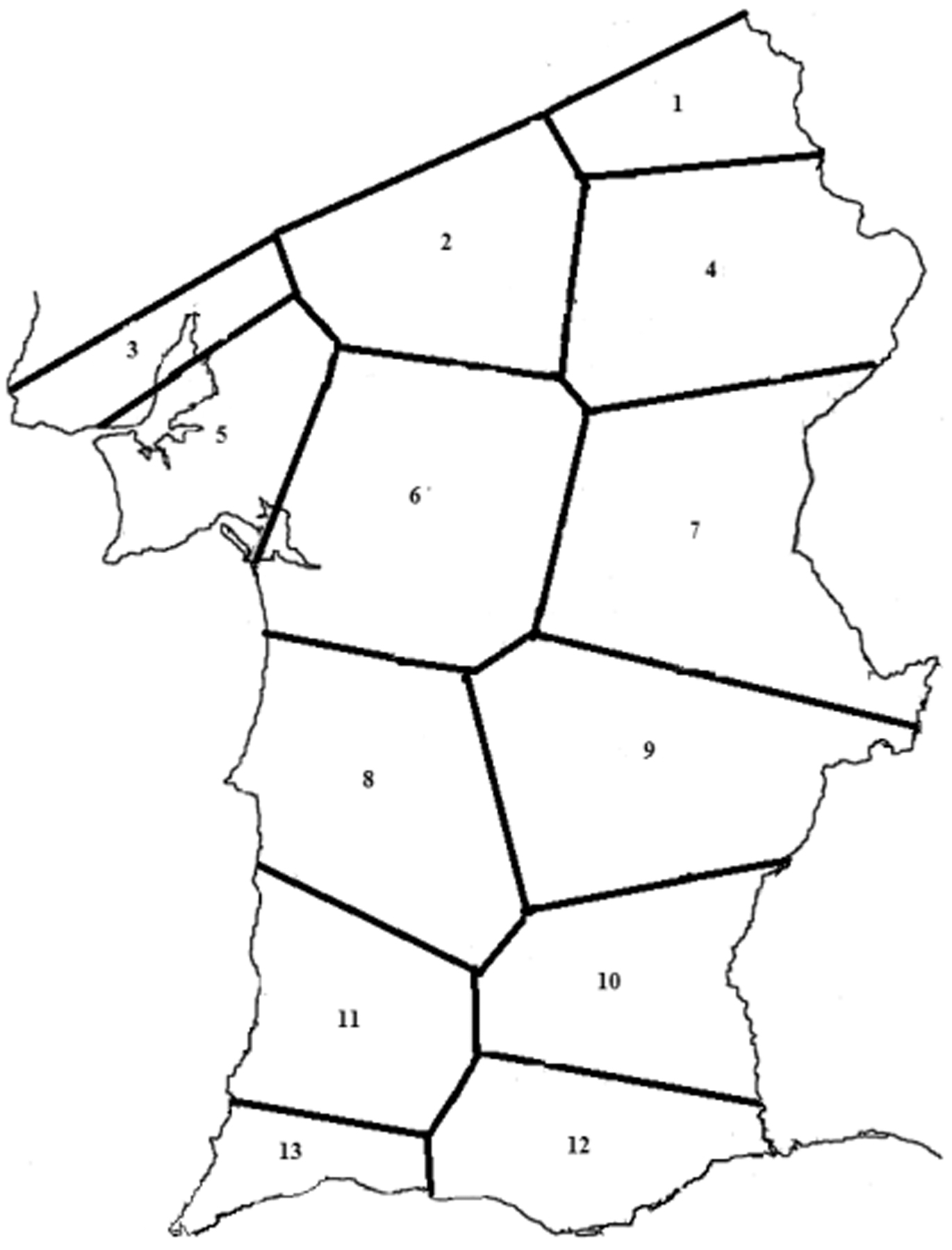 Mapa 5: Mosaico poligonal dos treze pontos da rede de inquéritos utilizada.Legenda: 1 = Alpalhão (Alp). 2 = Foros do Arrão (FA). 3 = Freixial (Fr). 4 = Cabeço de Vide (CV). 5 = Alcochete (Alc). 6 = Baldios (Bl). 7 = Carrapatelo (Cr). 8 = Foros da Casa Nova (FCN). 9 = Quintos (Qt). 10 = Mesquita (Ms). 11 = Zambujeira do Mar (ZM). 12 = Santa Luzia (SL). 13 = Praia da Salema (PS).