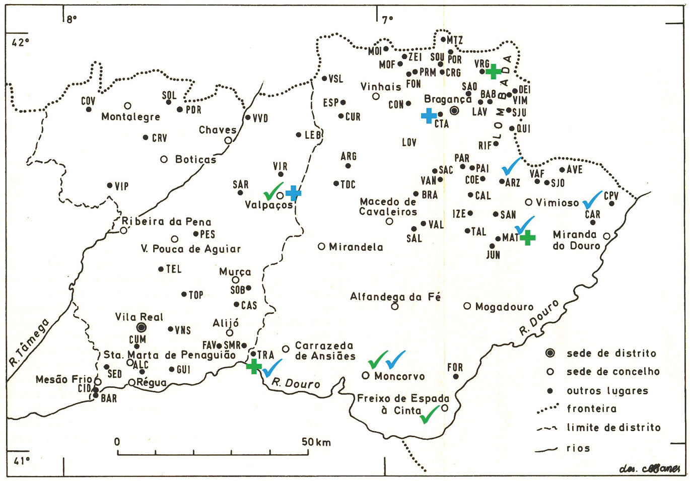 Mapa 8 
              Monotongação dos ditongos /ei/ e /ou/ no norte interior: dados de Leite de Vasconcelos.Explicação do mapa: adaptado de Vasconcelos (1985, 446–447), apresenta a sistematização dos dados relativos à monotongação de /ei/ e /ou/ que foram recolhidos por Leite de Vasconcelos (n. 1858 – m. 1941), em várias campanhas, na antiga província de Trás-os-Montes e Alto Douro. São dados que acompanham a longa vida científica do autor e vão, por isso, do último quarto do século XIX aos dois primeiros quartos do XX. Todos os dados dialetais recolhidos por Leite de Vasconcelos na província referida (não só apenas a respeito dos ditongos /ei/ e /ou/, mas de todas as outras áreas gramaticais, sejam a fonética/fonologia, a morfologia, a sintaxe, o léxico), divididos entre os publicados em vida do autor e os publicados postumamente pela editora Maria Adelaide Valle Cintra, estão sistematizados, sob a forma de texto, em Vasconcelos (1985, 1–212). – Na legenda do mapa são indicados os nomes das localidades em que os fenómenos considerados ocorrem; para a indicação dos nomes de todas as localidades que figuram no mapa, veja-se Vasconcelos (1985, 447).Legenda:ü	=	Monotongação de ei ou de ou: Freixo de Espada à Cinta, Moncorvo e Valpaços; Argozelo (Vimioso), Carção (idem), Matela (idem), Moncorvo e Tralhariz (Carrazeda de Ansiães).Ì	=	Aparente tendência de monotongação de ei ou de ou (semivogal reduzida ou quase inexistente): Matela (Vimioso), Tralhariz (Carrazeda de Ansiães) e Vargem (Bragança); Castro de Avelãs (Bragança) e Valpaços.