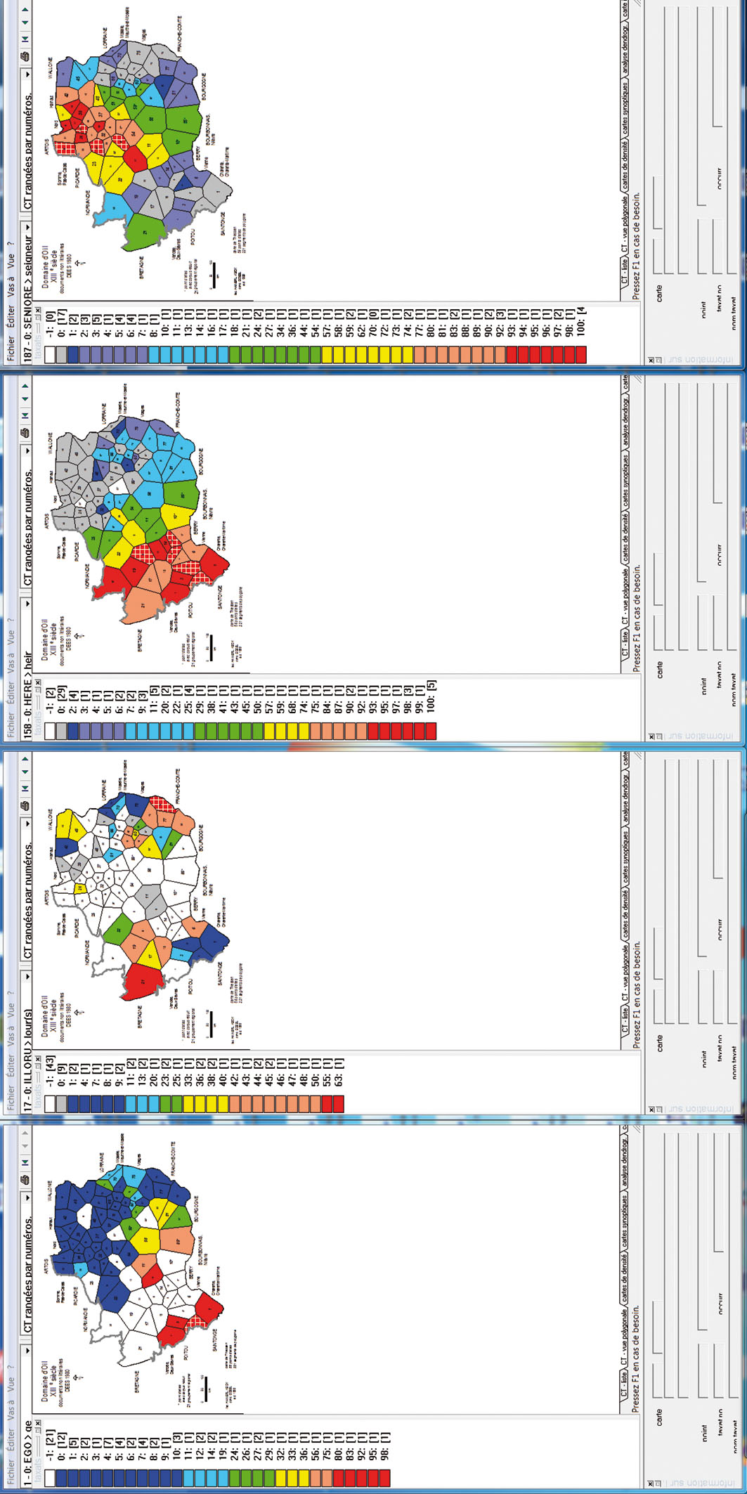 Planche 1 (cf. 2.1) Cartes choroplèthes de la distribution spatiale de quatre traits scripturaires (selon digiDees 1980); MINMWMAX 6-tuple. Carte de gauche: graphies g, ge, gie (etc.) (< lat. ÉGO) « je » cf. Dees 1980, carte 1. Carte du centre gauche: graphie ou (< lat. ILLÓRU) « leur » cf. Dees 1980, carte 17. Carte du centre droite: graphie ei (< lat HÉRE) « hoir »; cf. Dees 1980, carte 158. Carte de droite: graphie eu (< lat. SENIÓRE) « Seigneur »; cf. Dees 1980, carte 187.