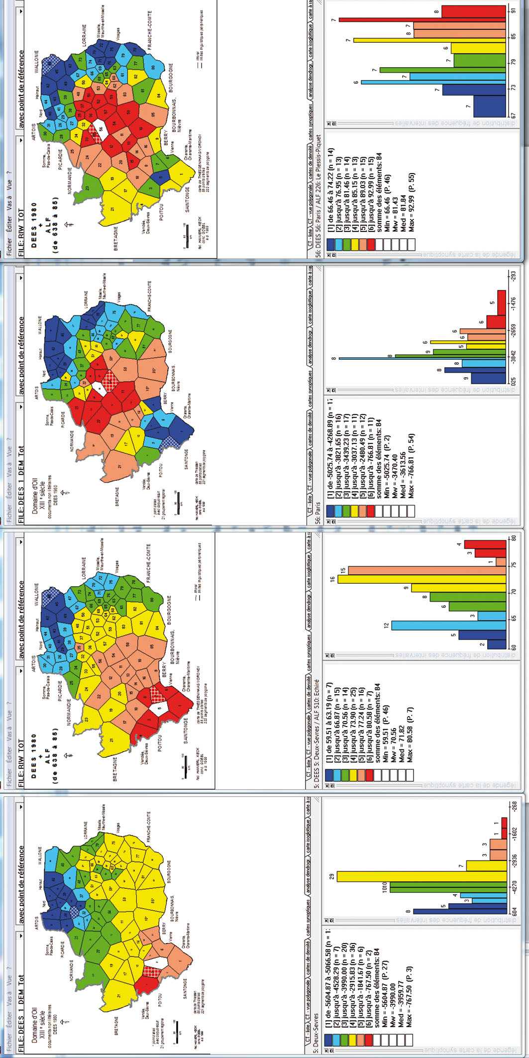 Planche 2 (cf. 2.2) Deux paires de CS selon digiDees 1980 et le corpus-ALF réduit. MINMWMAX 6-tuple (→ cartes choroplèthes) et 12-tuple (→ histogrammes); hachures blanches: scores minimal et maximal. Carte de gauche: CS du P. 2 (Deux-Sèvres) de digiDees 1980. Indice de similarité [Ids]: DEMjk = SEMjk. Carte du centre gauche: CS du P. 510 (Échiré) du corpus-ALF réduit. Ids: RIWjk = IRIjk. Carte du centre droite: CS du P. 56 (Paris) de digiDees 1980. Ids: DEMjk = SEMjk. Carte de droite: CS du P. 226 (Le Plessis-Piquet) du corpus-ALF réduit. Ids: RIWjk = IRIjk.