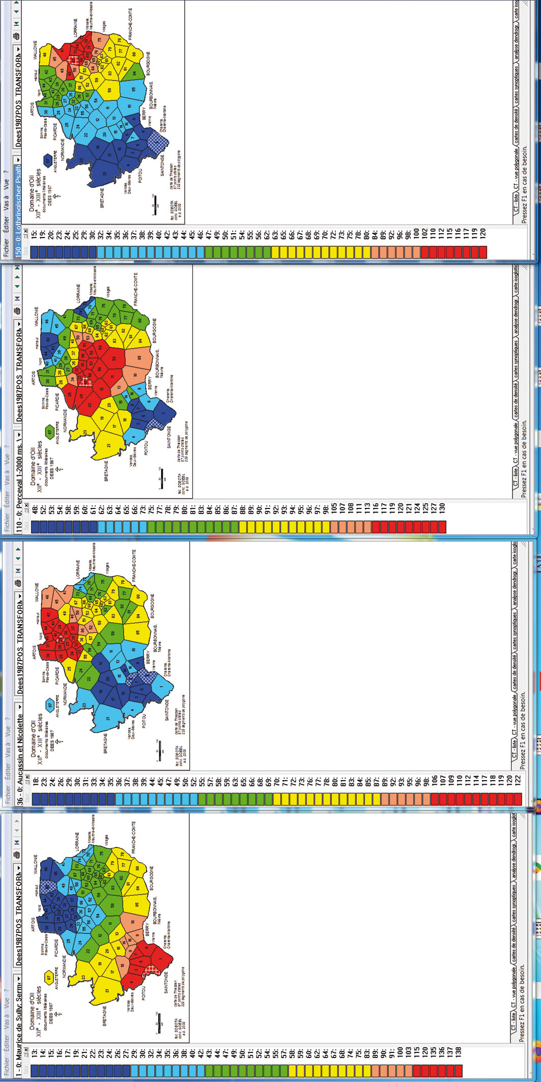 Planche 5 (cf. 3.1) Profils de localisation de quatre textes médiévaux, calculés par A. Dees en novembre 1983, relatifs au Poitou, à la Picardie, à l’Île-de-France et à la Lorraine. MINMWMAX 6-tuple; hachures blanches: scores minimal et maximal. Carte de droite: Sermons de Maurice de Sully (ed. A. Boucherie) [NCA : 258]. Carte du centre gauche: Aucassin et Nicolette (ed. M. Roques, CFMA) [NCA : 022]. Carte du centre droite: Perceval, Ms. V, vs. 1-2000 (ed. R. L. H. Lops) [NCA : inexistant]. Carte de droite: Lothringischer Psalter (ed. F. Apfelstedt, p. 1-23) [NCA : 146].