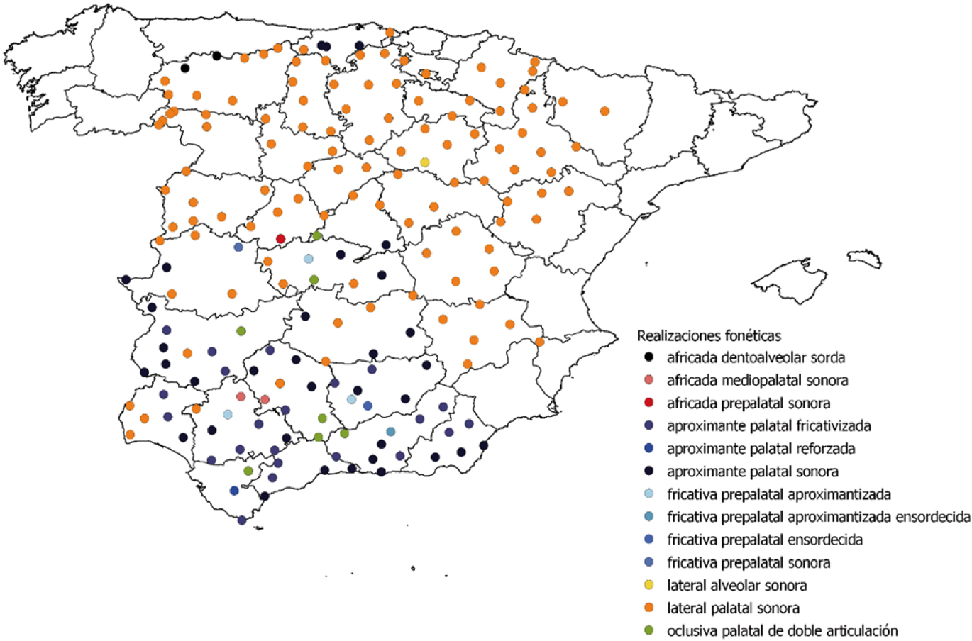 Figura 1 
              Mapa de las realizaciones de /ʎ/ obtenidas a partir de la revisión del concepto tobillo en el ALPI.
            