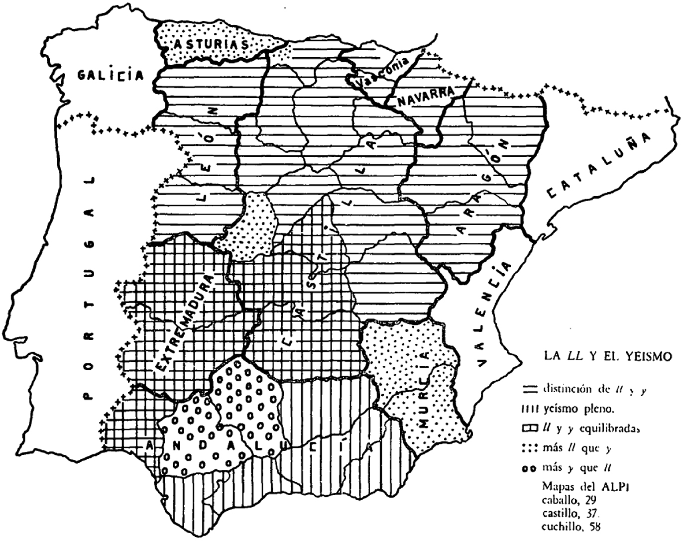 Figura 2 
              Mapa obtenido de Navarro Tomás (1964, 9) con la distribución de las soluciones para <ll> en el ALPI a partir de las voces caballo, castillo y cuchillo.
            