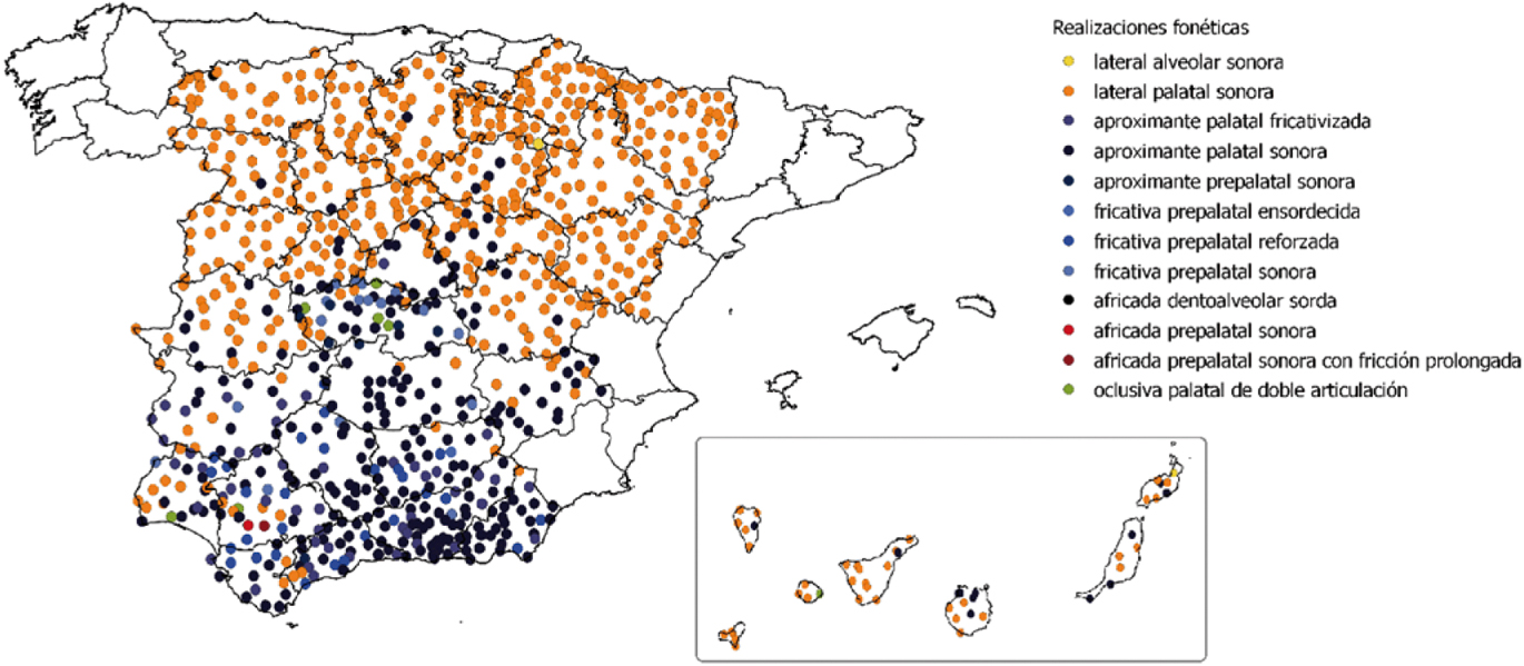 Figura 3 
              Mapa de las realizaciones de /ʎ/ obtenidas a partir de la revisión del concepto tobillo en los atlas que constituyen CORPAT.
            