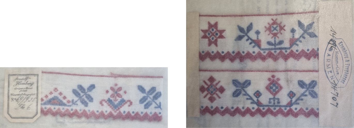 Bild 1: Beanstandete Kopie (li.) und geschütztes Muster (re.) (1932)
Beanstandet wurden die gleiche Farbwahl und Linienführung des linken Musters. Die Unterschiede betrafen nur nebensächliche Motive. Eine Bewertung des Falls unterblieb jedoch. Die Fa. Rudolf Homberg zog das beanstandete Muster «infolge der Geringfügigkeit des Objekts» aus dem Verkehr, ohne jedoch auf den Sachverhalt selbst einzugehen oder eine Rechtsverletzung anzuerkennen. Die Kromberg & Freiberger KG gab sich damit zufrieden und zog ihre Klage zurück.Zum Vorgang Kromberg & Freiberger KG an Bergische Industrie- und Handelskammer, 8.4.1932; Rudolf Homberg an Bergische Industrie- und Handelskammer, 9.4.1932; Kromberg & Freiberger KG an Bergische Industrie- und Handelskammer, 13.4.1932, in: RWWA, 22/931/3.