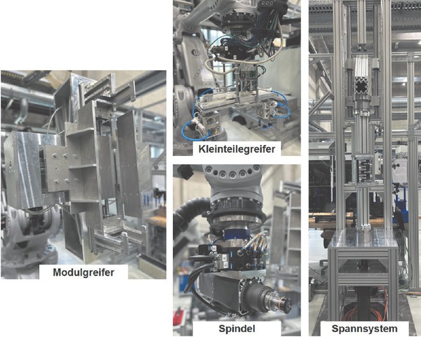 Bild 2 Kleinteile- und Modulgreifer, Hochfrequenz-Spindel sowie Spannsystem als Beispiel für flexible Endeffektoren und Subsysteme