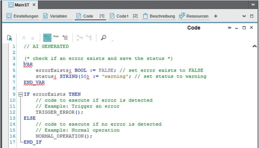 Bild 2 Ansicht des generierten ST Codes in der Steuerungsentwicklungsumgebung am Beispiel des PLCnext Engineer von Phoenix Contact. Der Kommentar (**) entspricht der Anweisung an das LLM, der darunter stehende Baustein dem produzierten ST Code. Die Kommunikation zwischen Entwicklungsumgebung und LLM erfolgt über das Editieren bzw. Neuladen einer Text-Datei