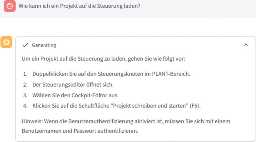 Bild 4 GUI des RAG-Systems mit Beispielfrage. Eine mögliche Anfrage, für deren Beantwortung spezifischer Kontext aus der Vektordatenbank des Retrieval-Moduls herangezogen wird