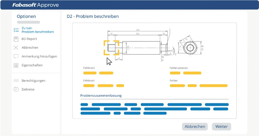 Bild 2 Beschreibung des Problems (D2). Der AI Assist unterstützt die verantwortlichen Personen bei jedem Schritt (Quelle: Fabasoft Approve)