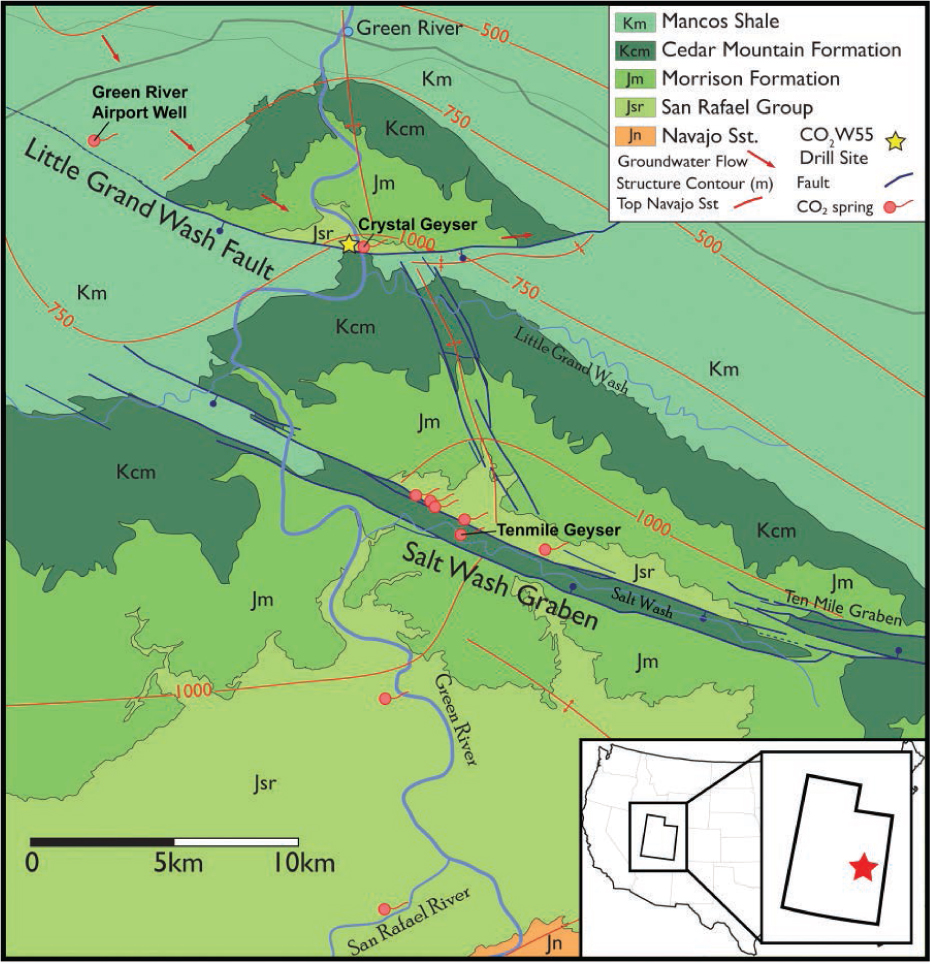 Figure 1 Geological map of the Green River anticline showing locations of the Little Grand Wash and Salt Wash Graben normal fault systems, CO2-springs and location of drill-hole CO2W55. Structure contours are for the top surface of the Navajo Sandstone, the main CO2-bearing reservoir (modified after Kampman et al. 2013).