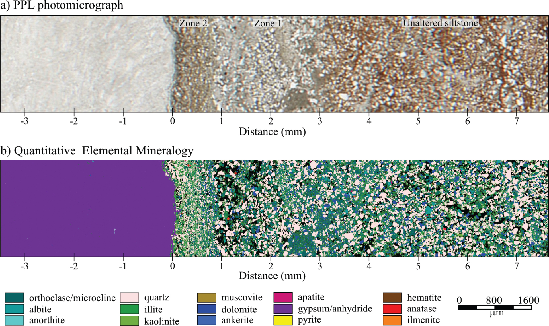 Figure 3 Images of the alteration zone that occurs between an upper contact of a gypsum bed and a siltstone bed. (a) Plane-polarized light (PPL) photomicrograph of the region that was analyzed with QEMSCAN. (b) Quantitative elemental mineralogy over the bleached/unbleached contact in the siltstone.