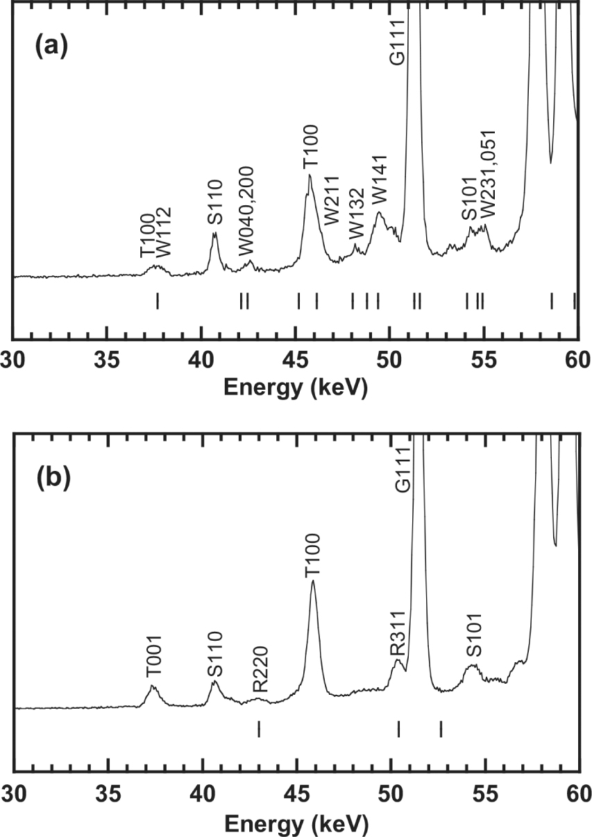 Figure 3 X-ray diffraction patterns acquired where wadsleyite or ringwoodite was stable. (a) Wadsleyite was identified. (b) Ringwoodite was identified. Key to label abbreviations: G = gold (Au); T = TiB2; S = stishovite (SiO2); W= wadsleyite (Mg2SiO4); and R = ringwoodite (Mg2SiO4). Vertical bars denote the calculated diffraction peaks of wadsleyite (a) or ringwoodite (b).